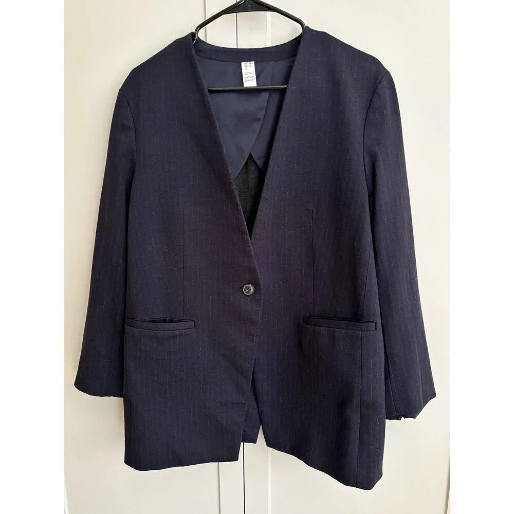 Spanx Perfect Oversized Blazer Womens L Navy Blue Collarless Ponte Office Career